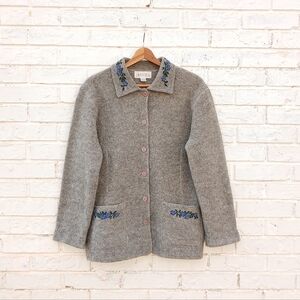 Gray Wool Cardigan with Floral Embroidery
